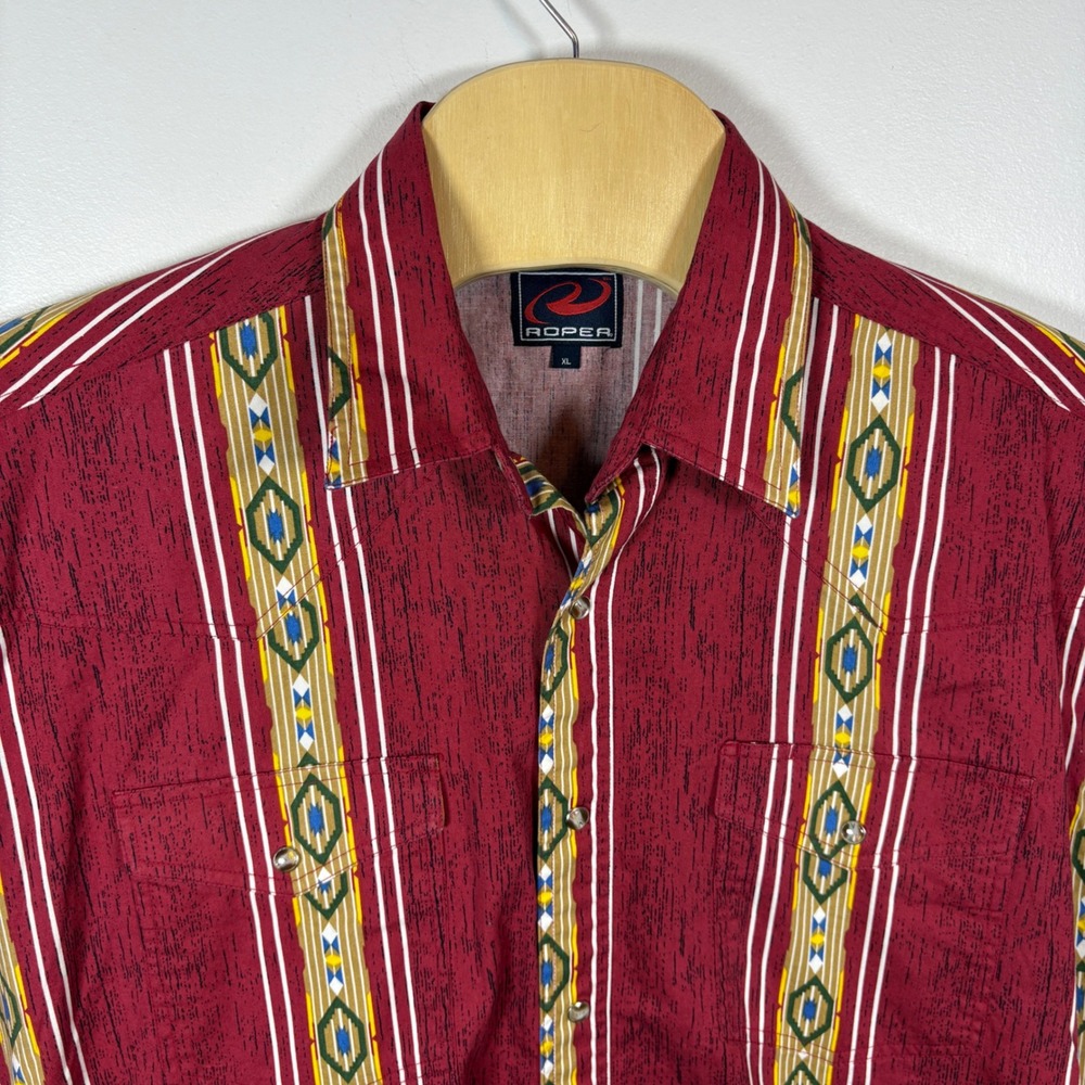 Roper Mens XL Western Pearl Snap Shirt Burgundy Southwestern Geometric Stripe
